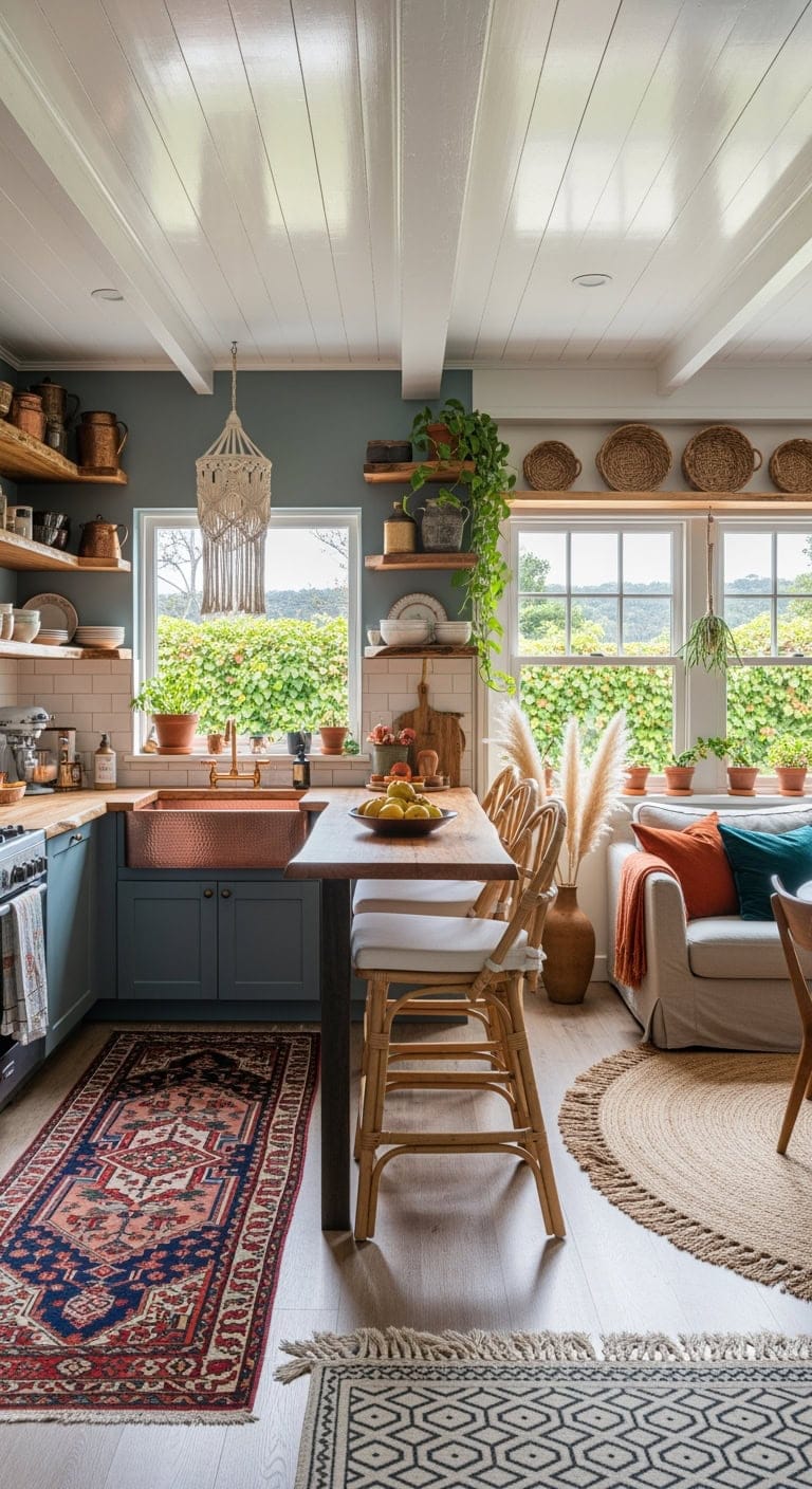 colorful layered rugs define zones