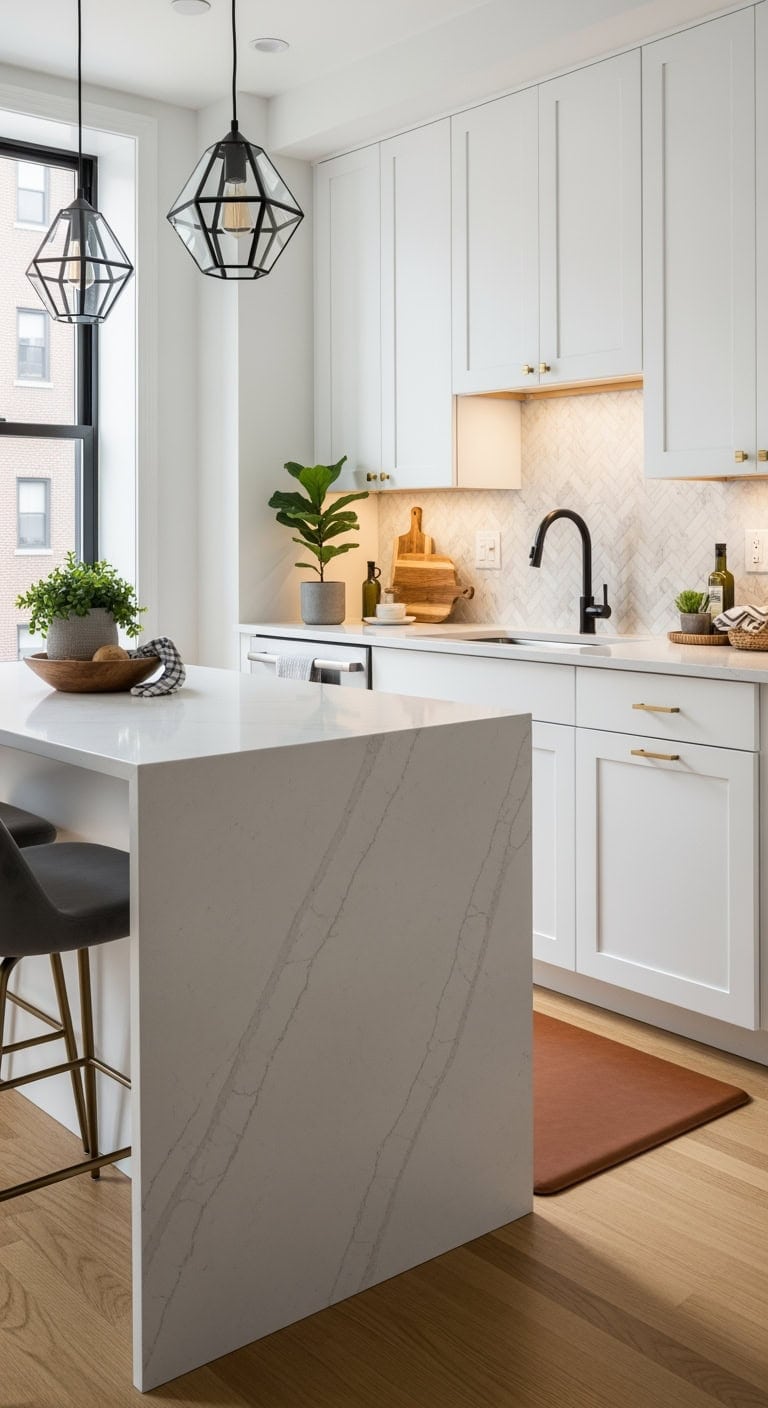 compact quartz waterfall island luxury