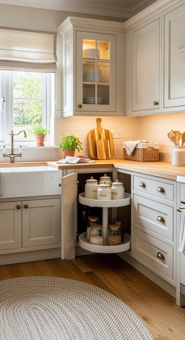 corner cabinet rotating storage solution