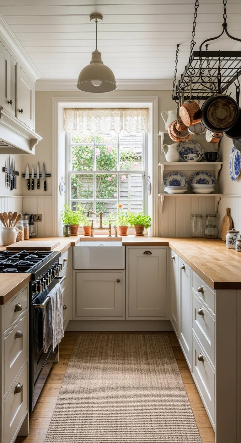 cottage inspired compact galley kitchen