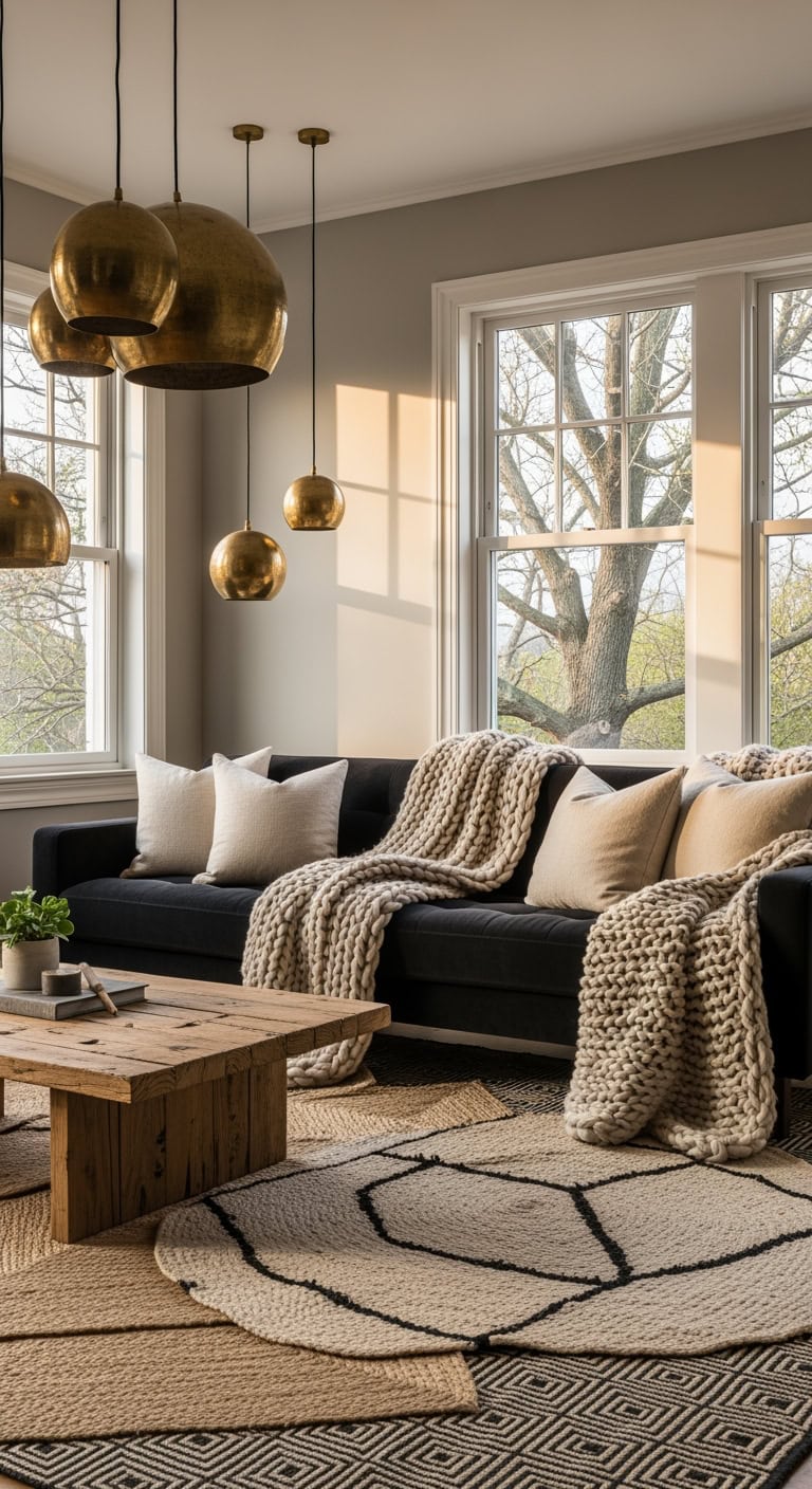 cozy black couch living room