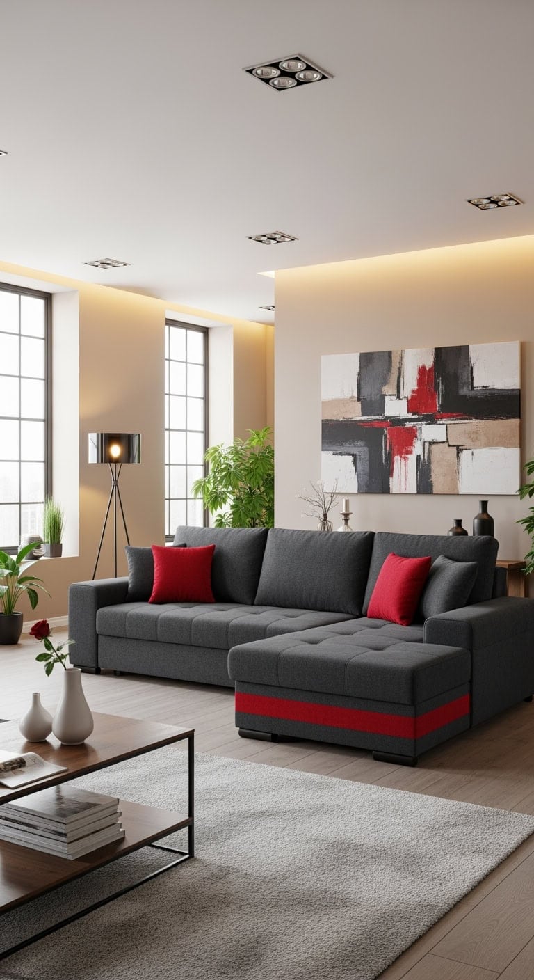 cozy charcoal sectional with cherry red