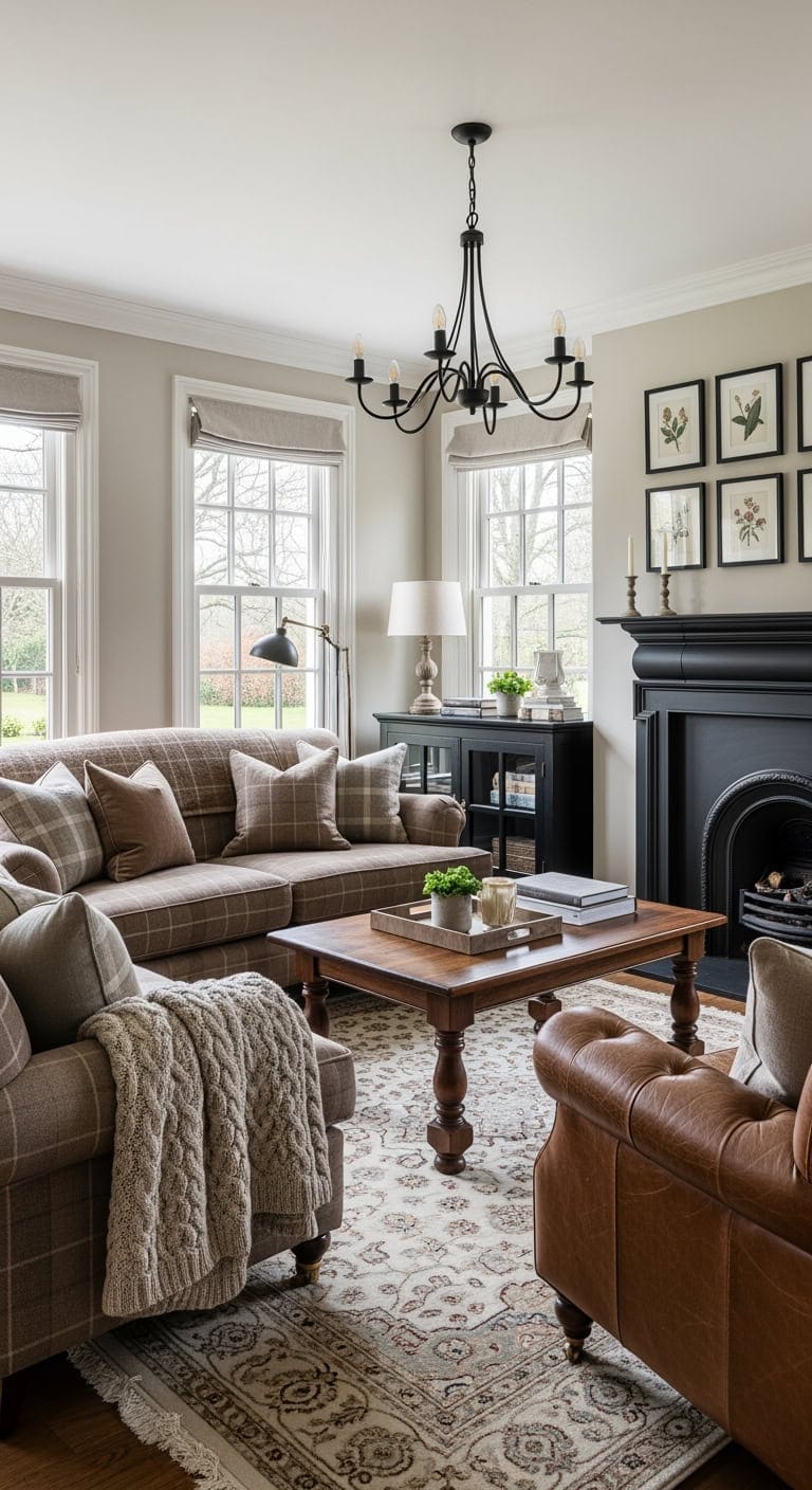cozy english plaid fireplace
