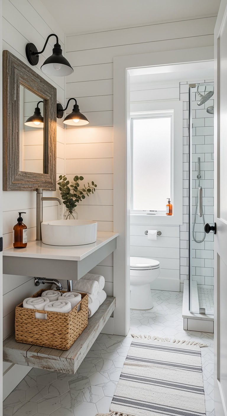 cozy farmhouse shiplap bathroom