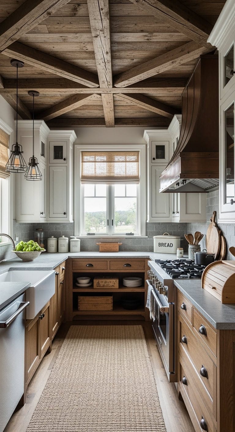 cozy reclaimed beam farmhouse kitchen