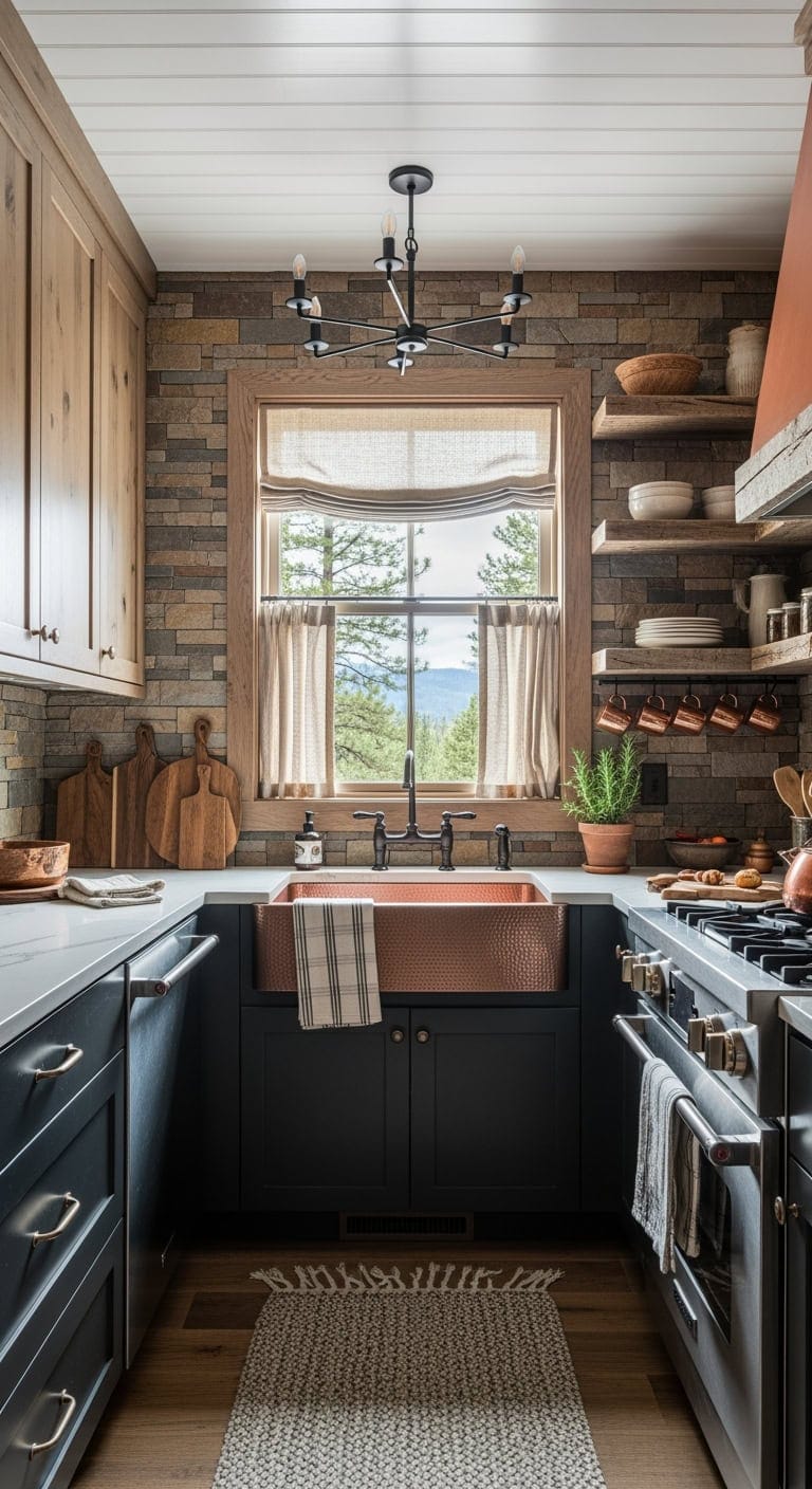 cozy rustic stone corner kitchen