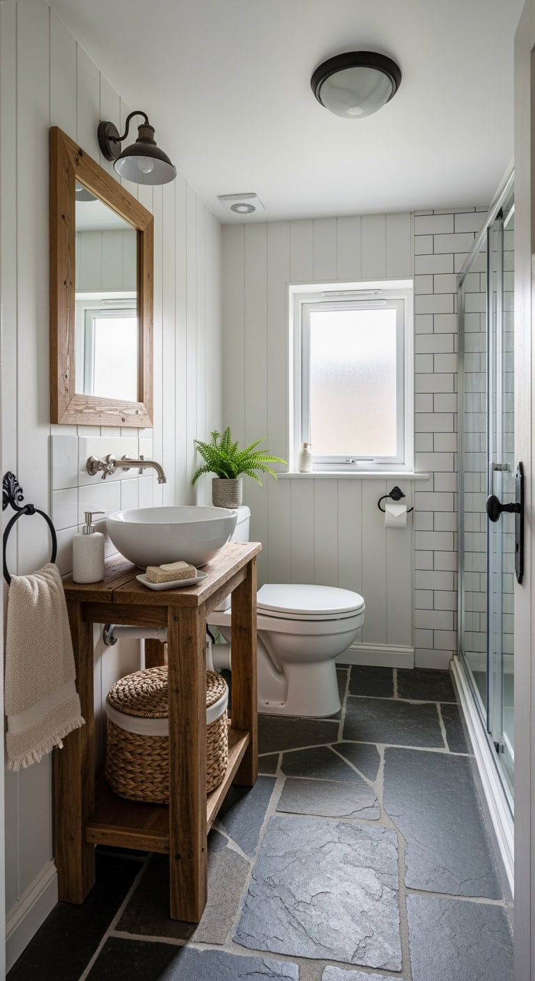 cozy whitewashed slate bathroom