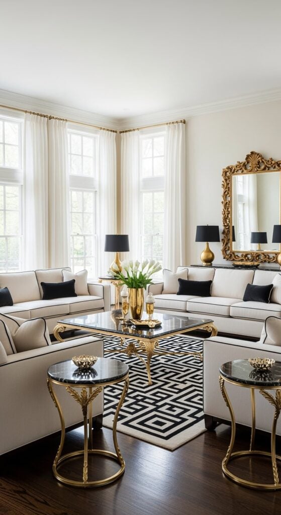 23 Black White and Gold Living Room Finishes That Add Glow, Not Glare