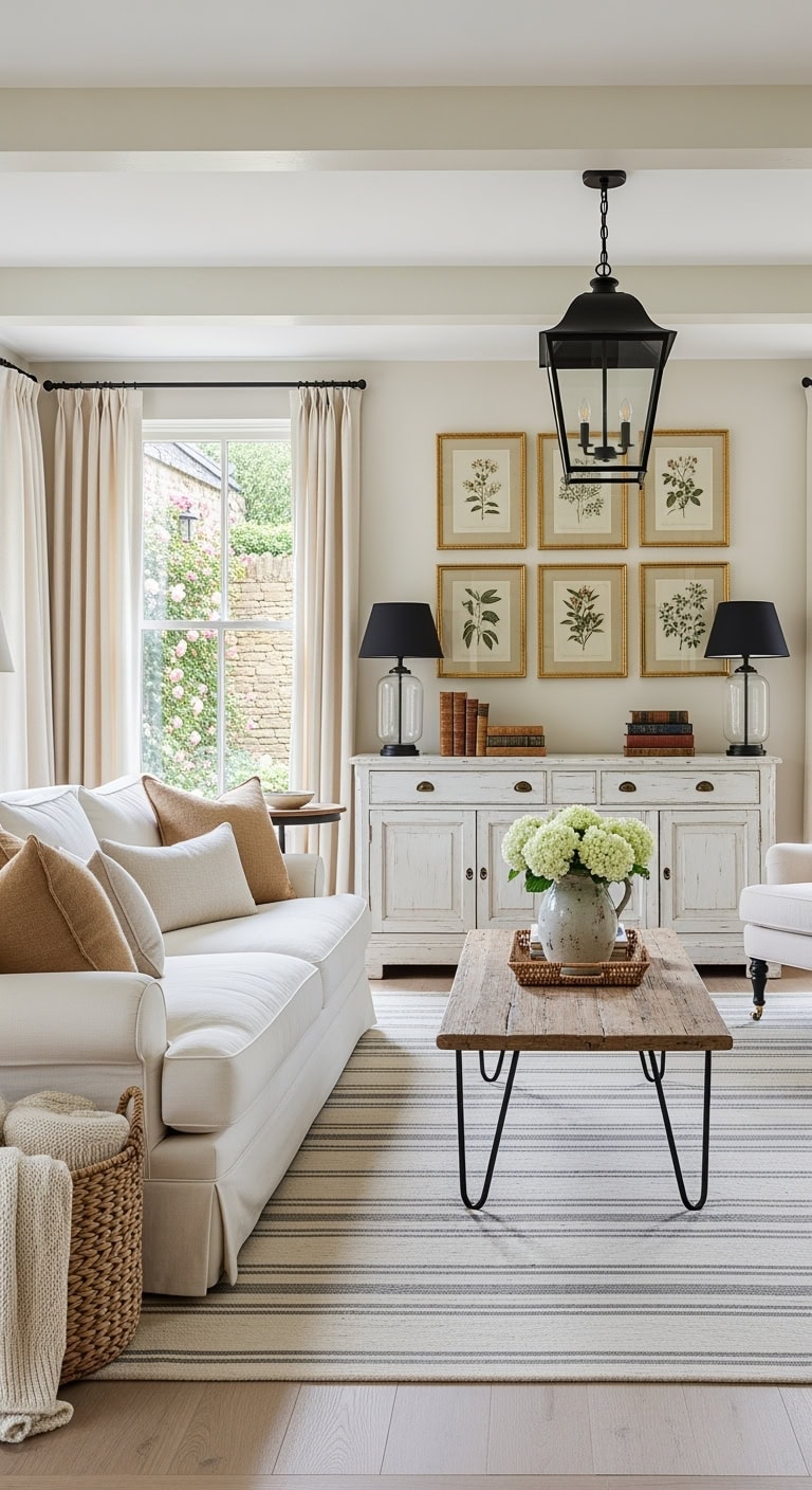 cream slipcovers black lanterns