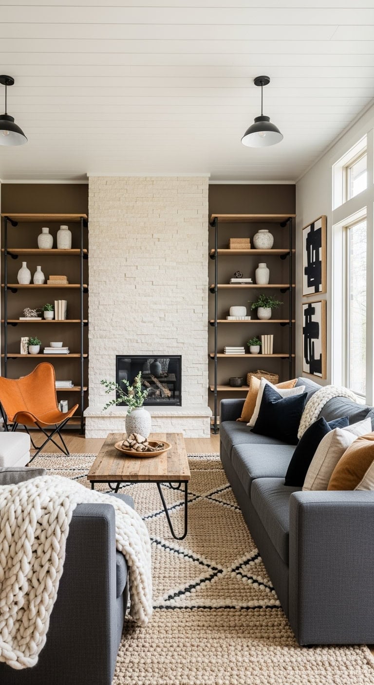 cream stone with industrial shelving