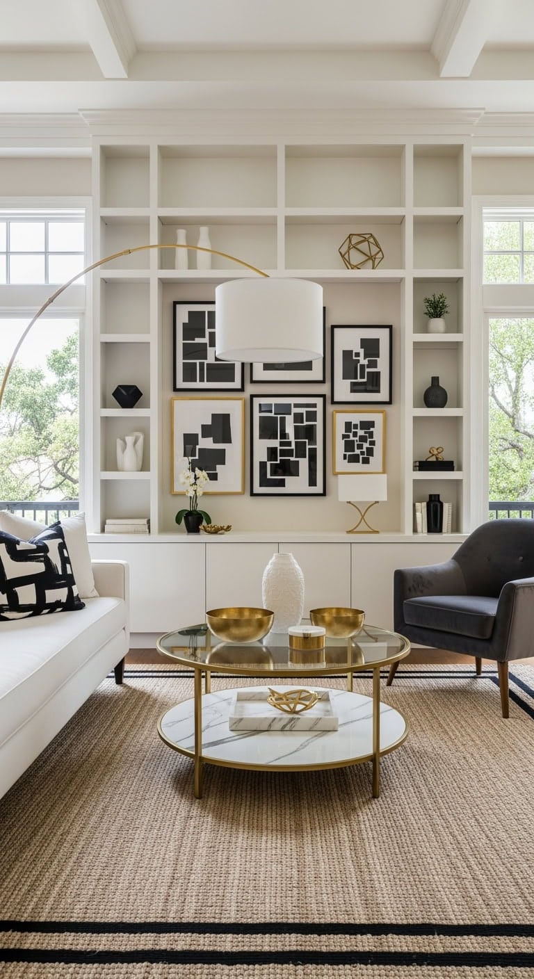 crisp white shelves gold accents