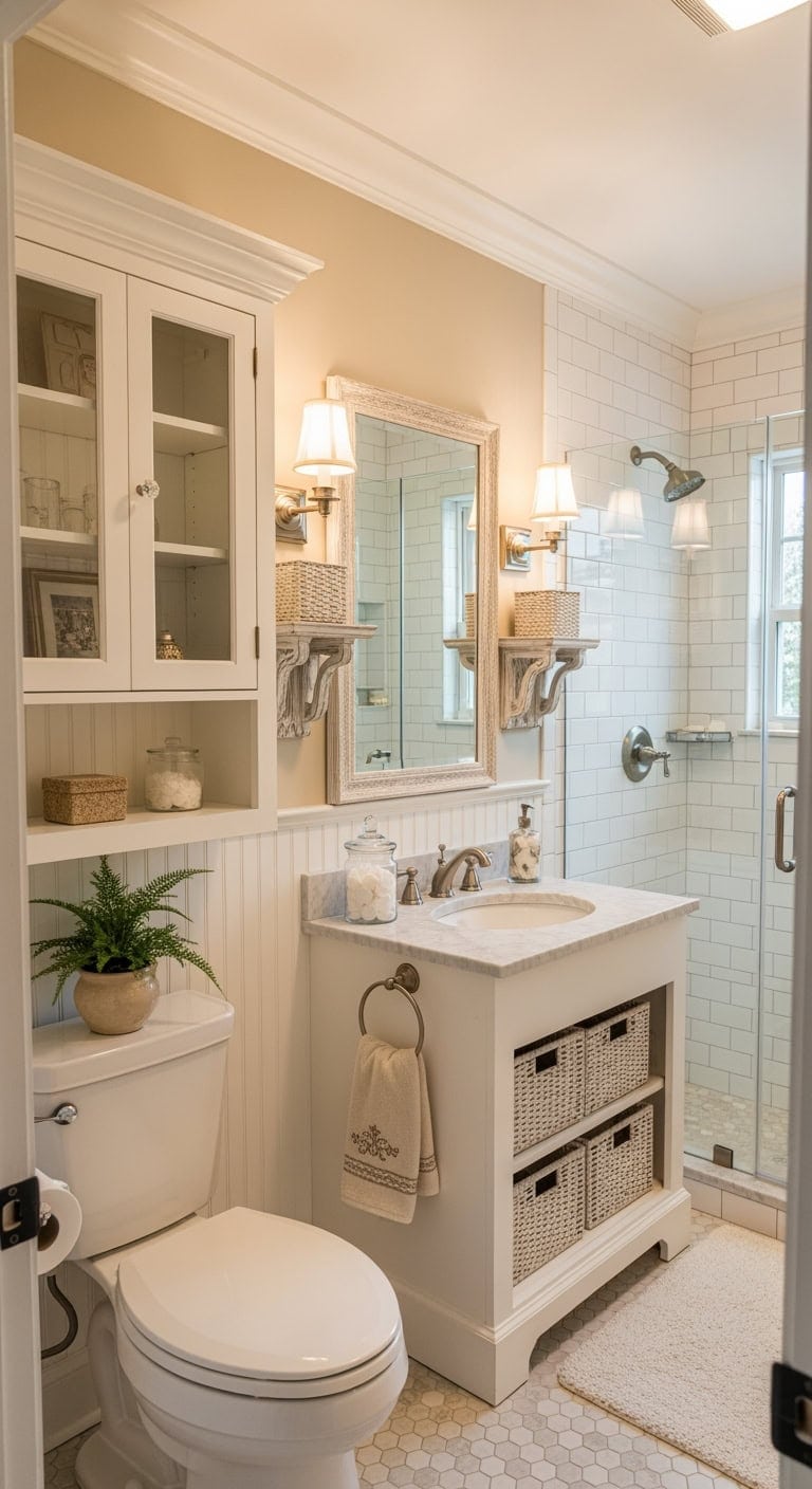 crown molded vintage white shelving