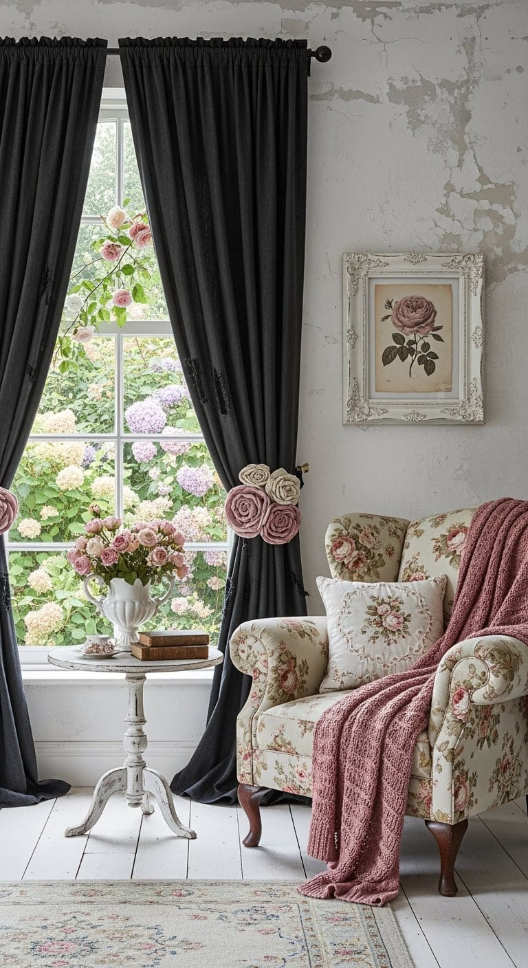 distressed black rose curtains