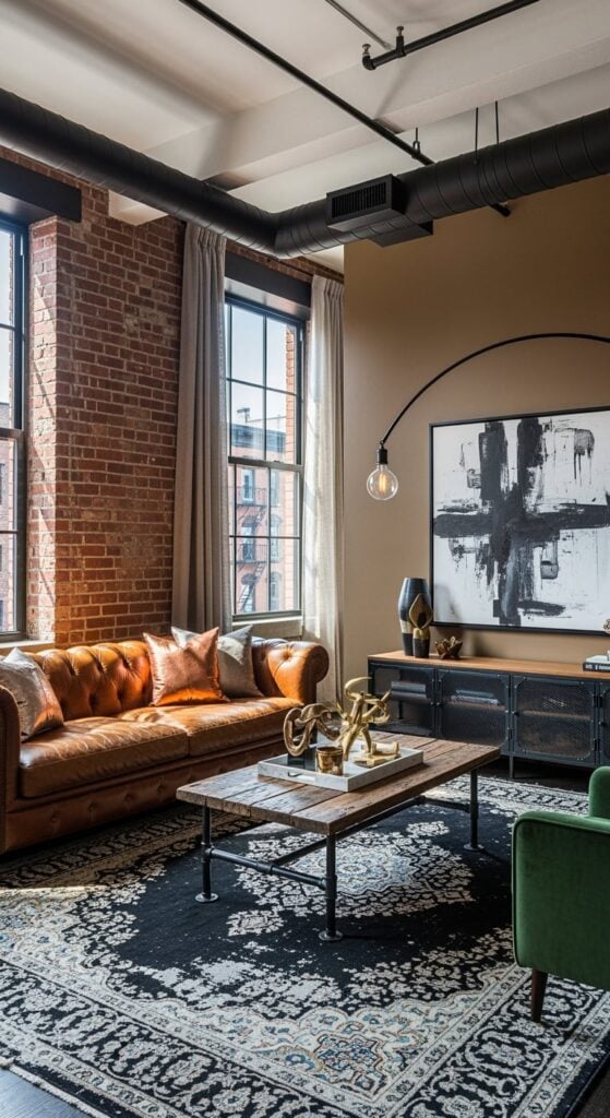 23 Black Rug Living Room Styles Loved by Design-Savvy Women - Loft Apartment Decor With Distressed Metal