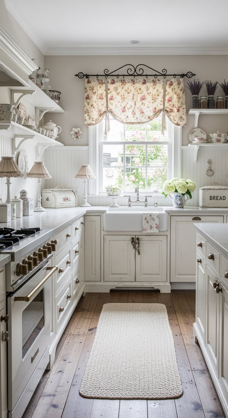 distressed white romantic kitchen