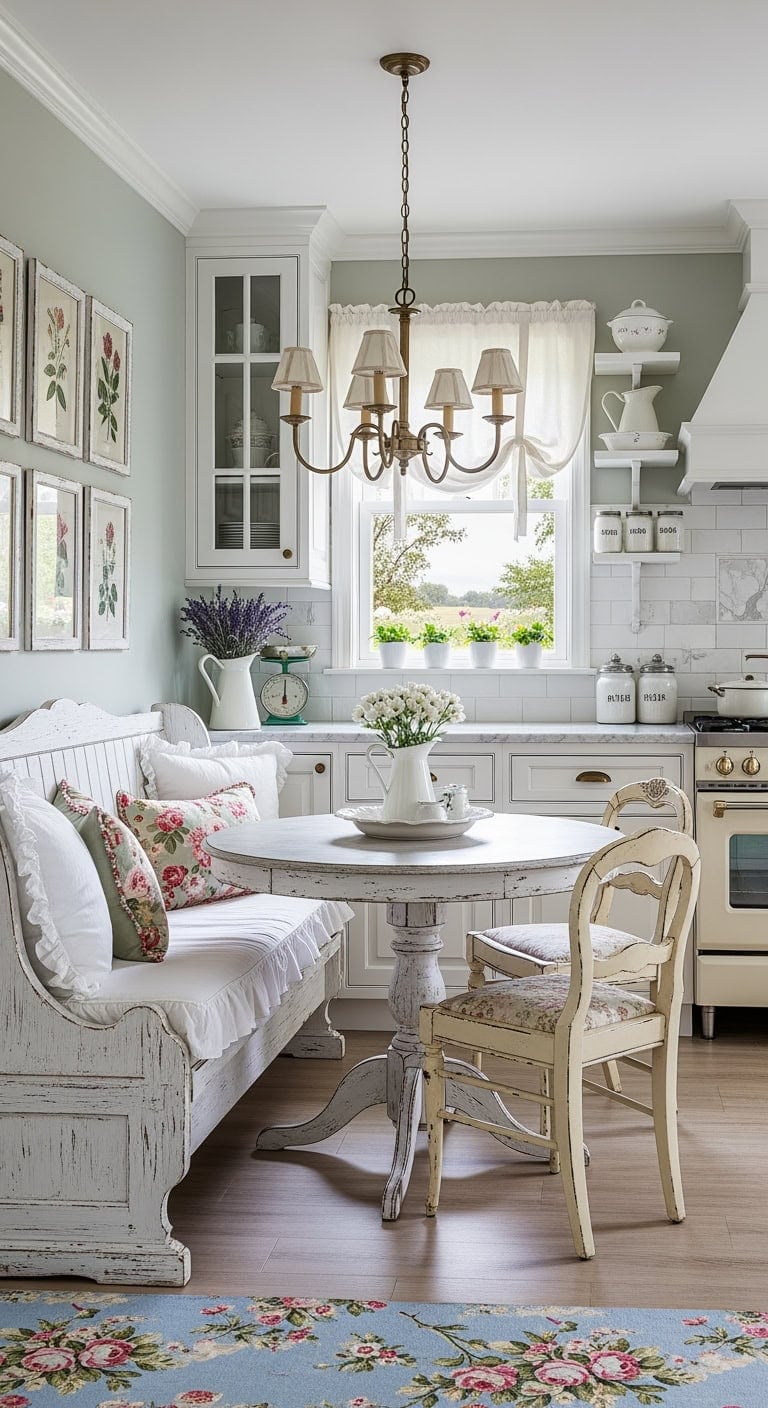 distressed white ruffled banquette