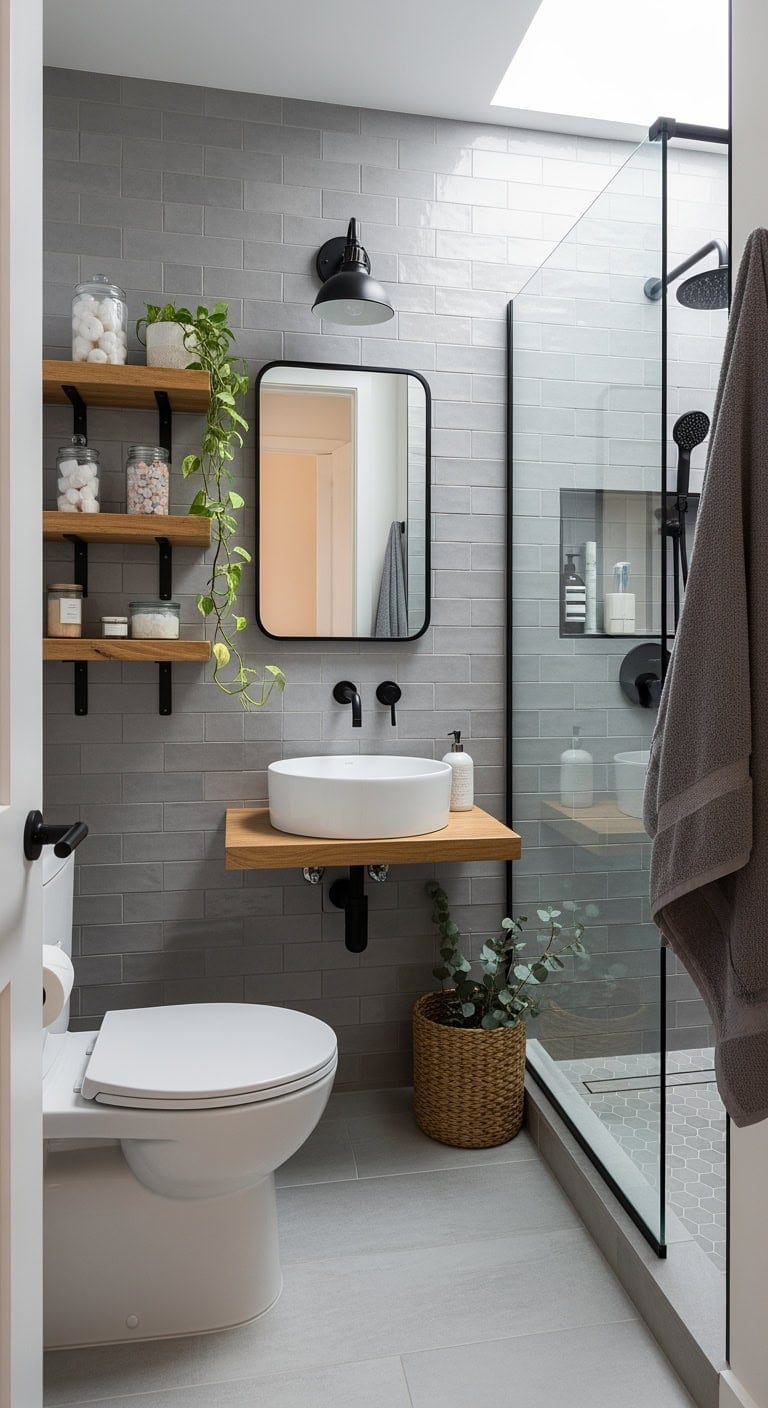 dove gray floating shelf bathroom