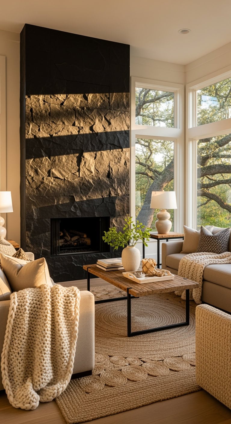 dramatic black fireplace living room