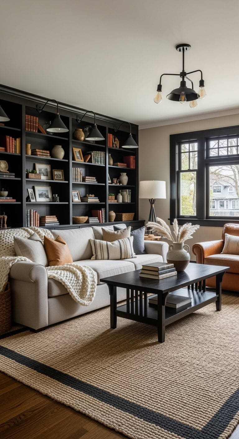 ebony built ins oatmeal upholstery