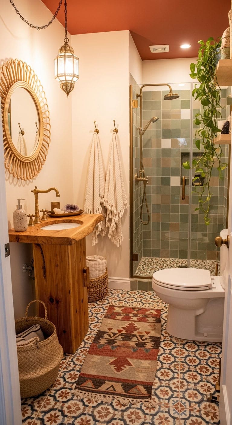 eclectic layered cozy bathroom