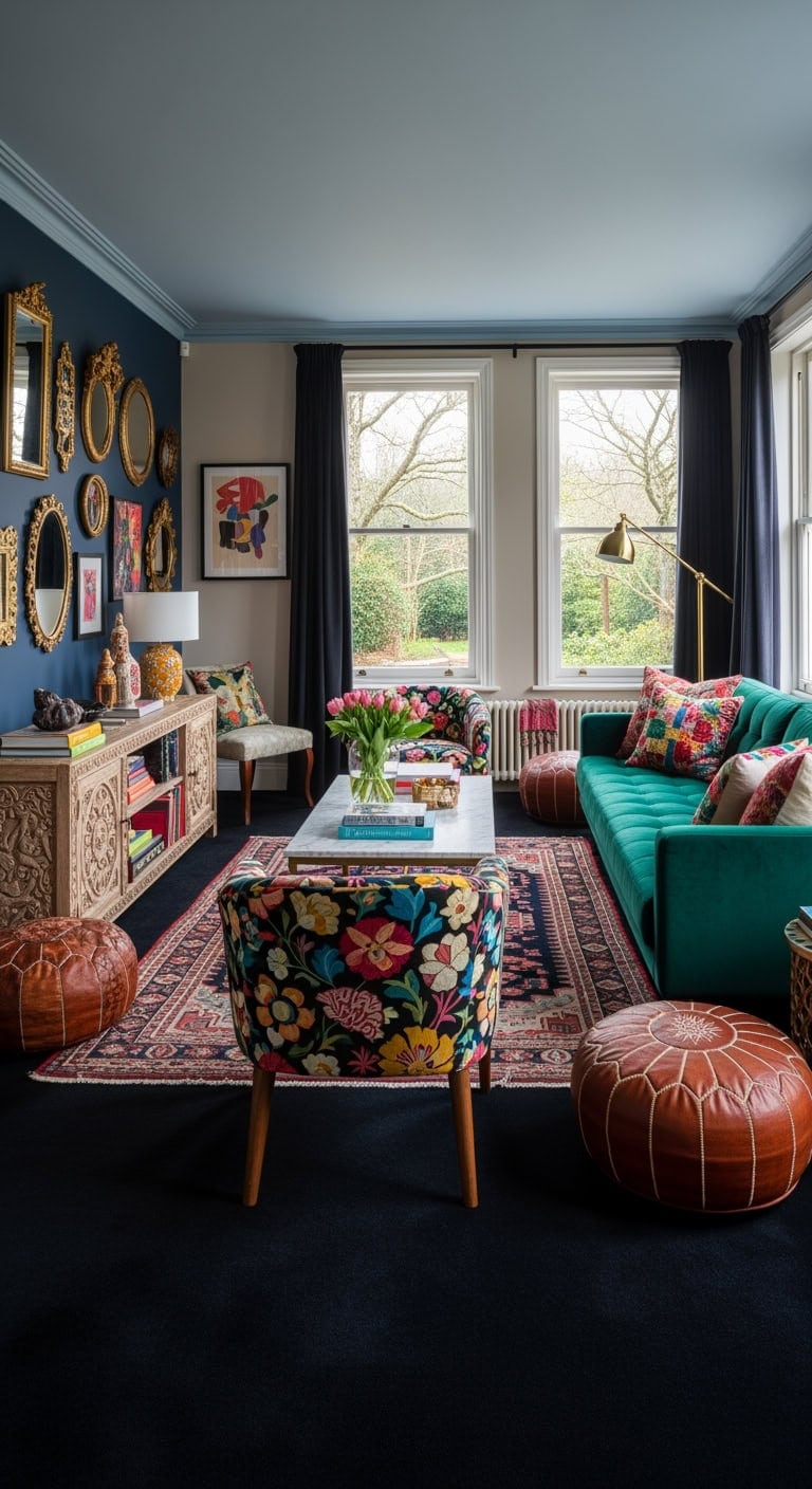 eclectic maximalist black livingroom