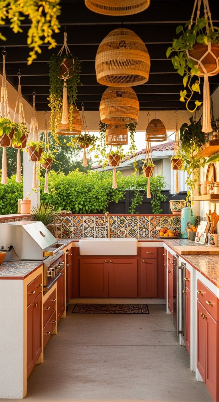 eclectic tiled outdoor kitchen