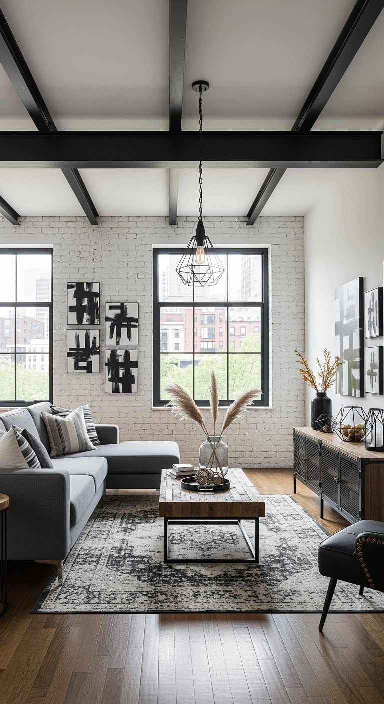 exposed black beams white brick