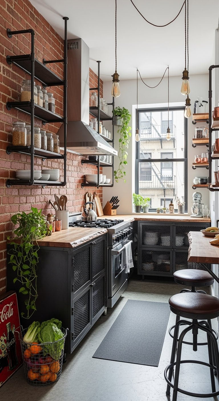 exposed brick industrial kitchen