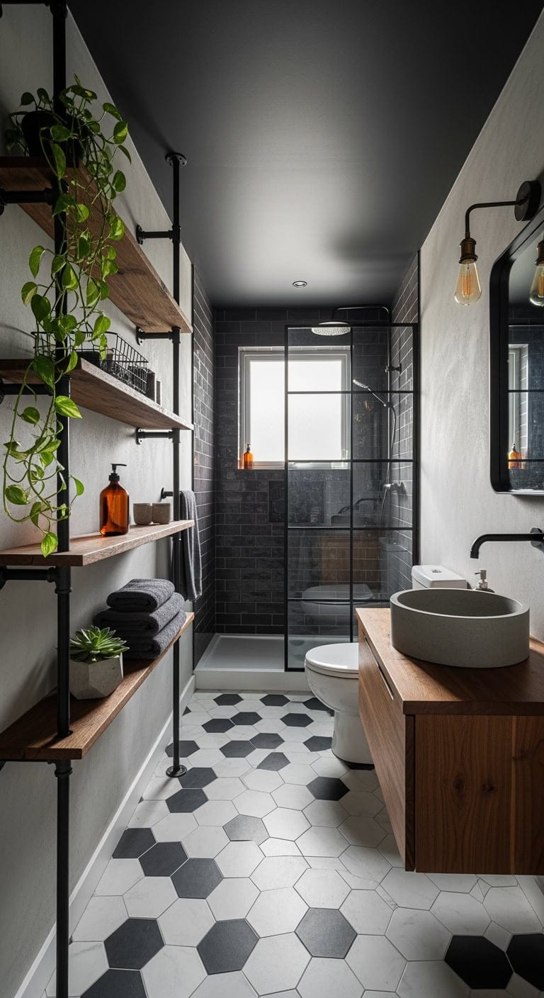 exposed industrial pipe shelving