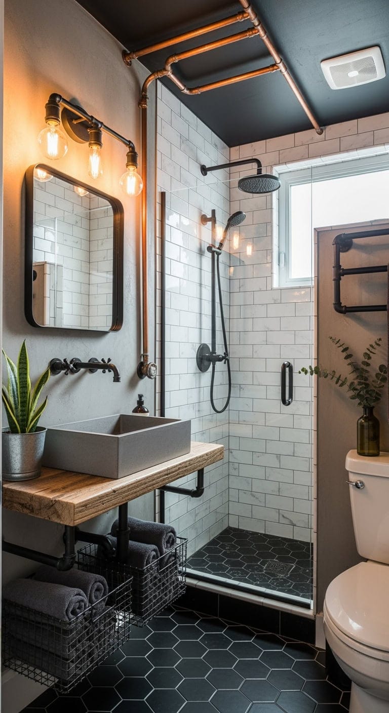 exposed pipes industrial bathroom