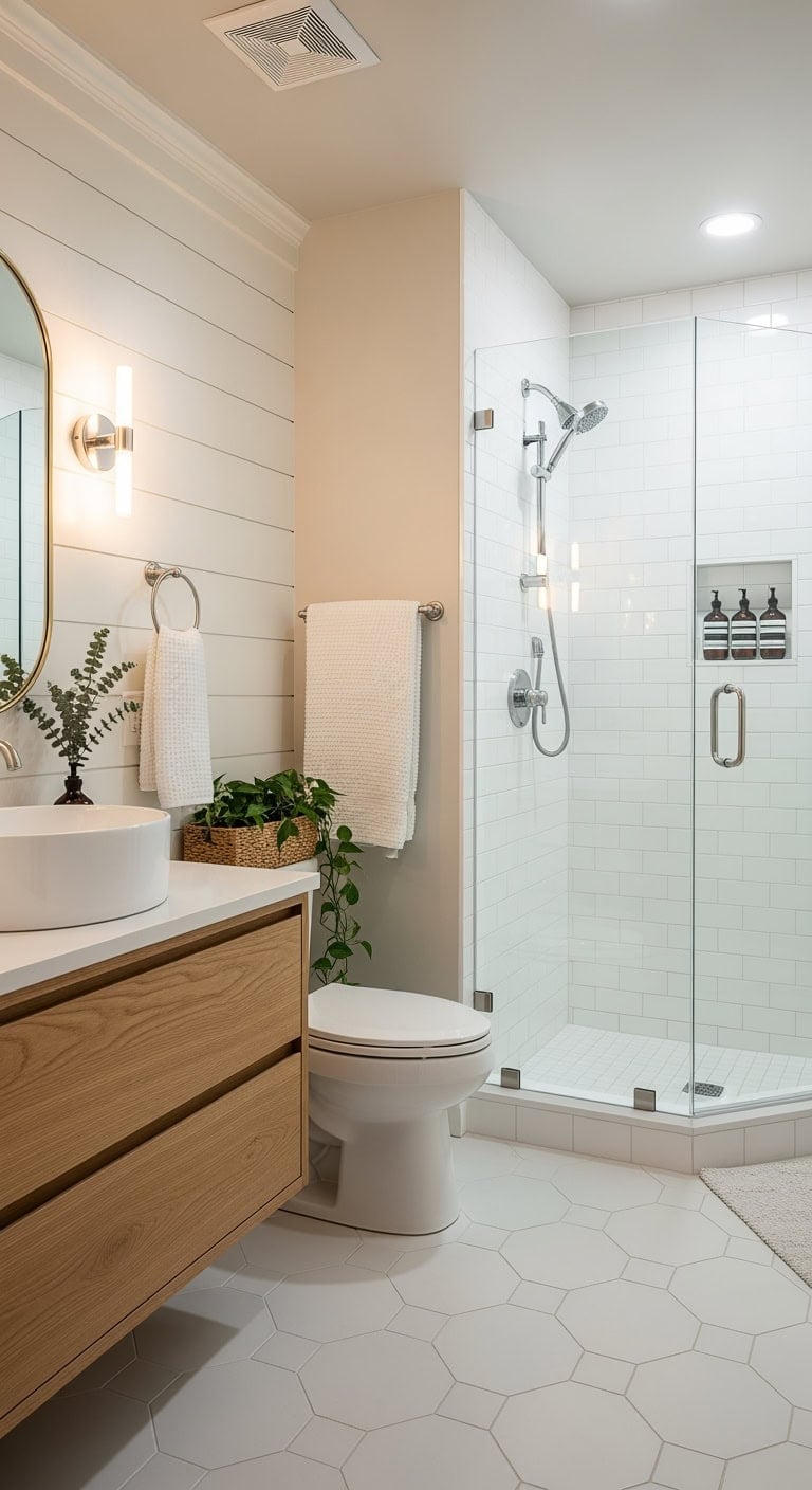 frameless corner shiplap bathroom