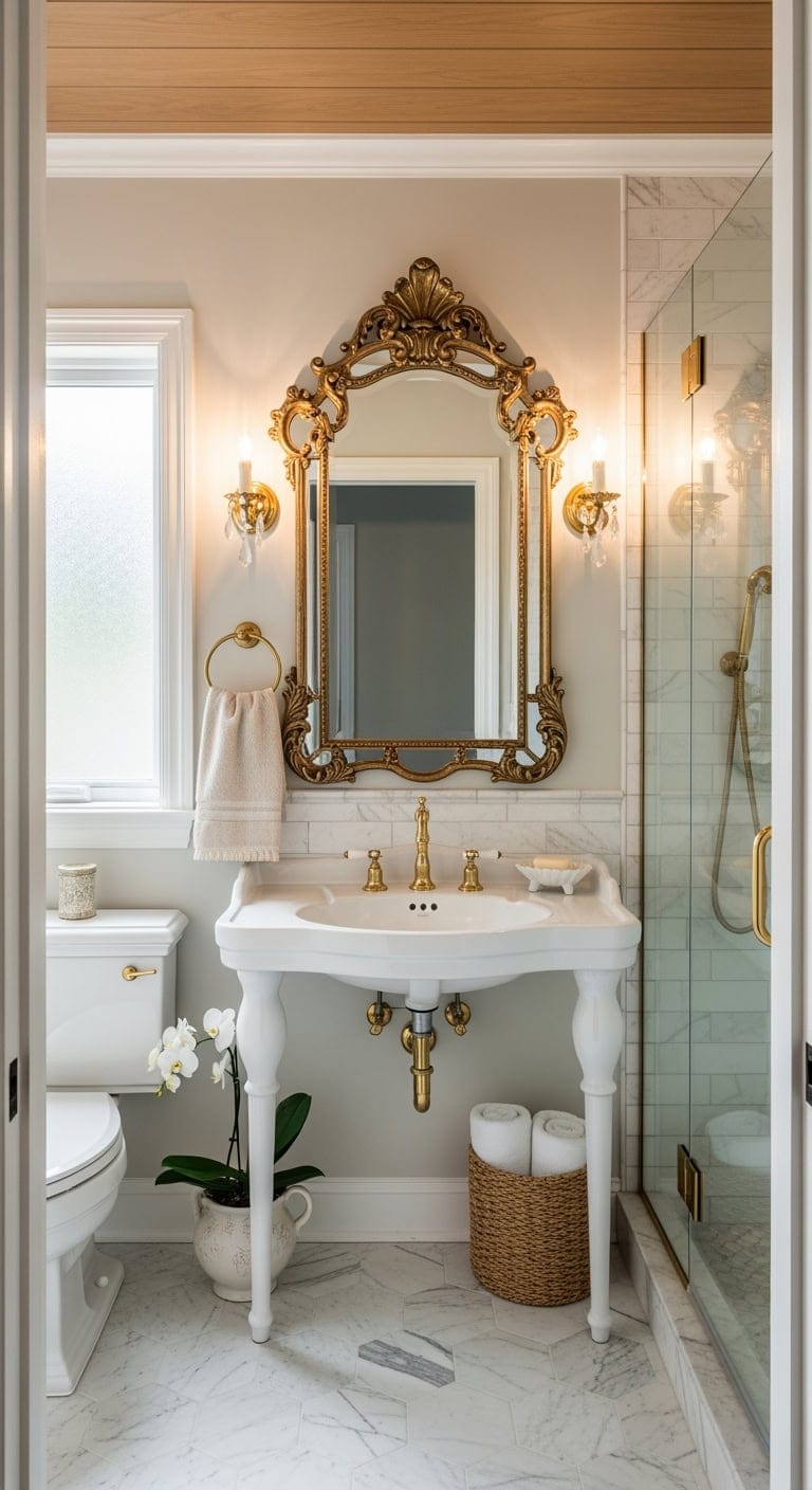 gilded mirror over pedestal