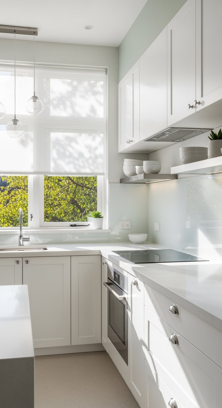 glass backed bright modern kitchen