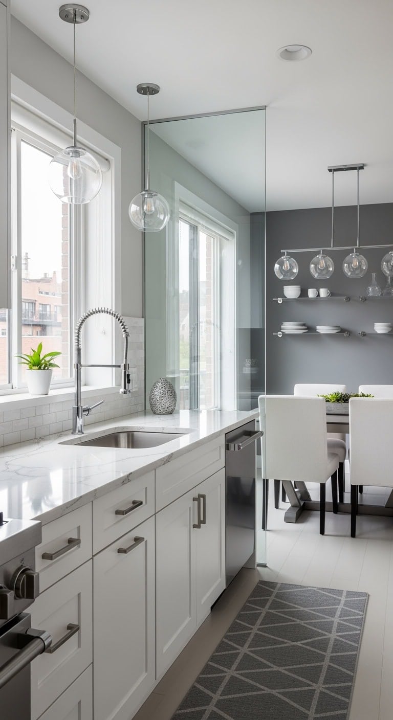 glass partitioned contemporary kitchen dining