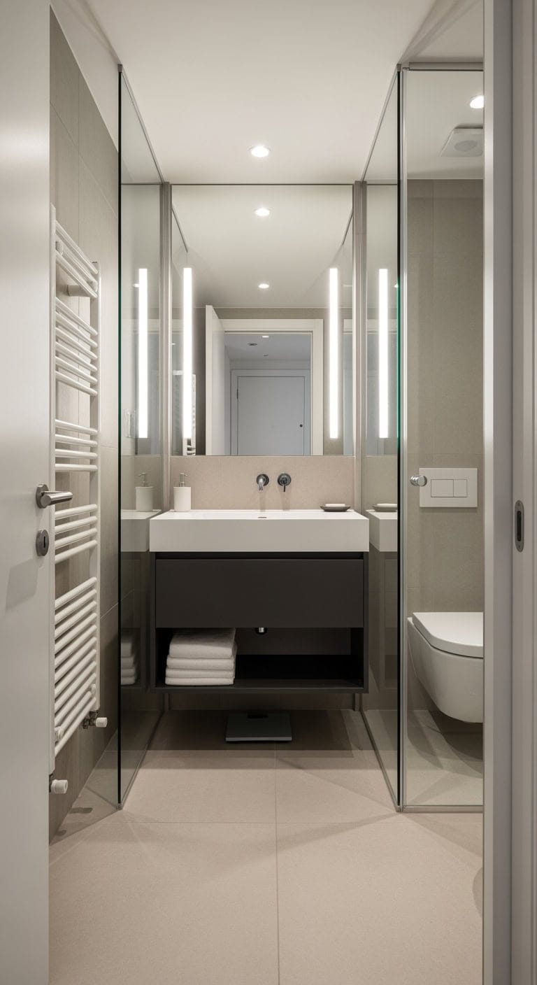 glass partitioned narrow bathroom zones