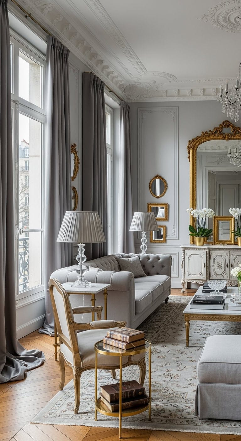 gray silk drapes gold mirrors