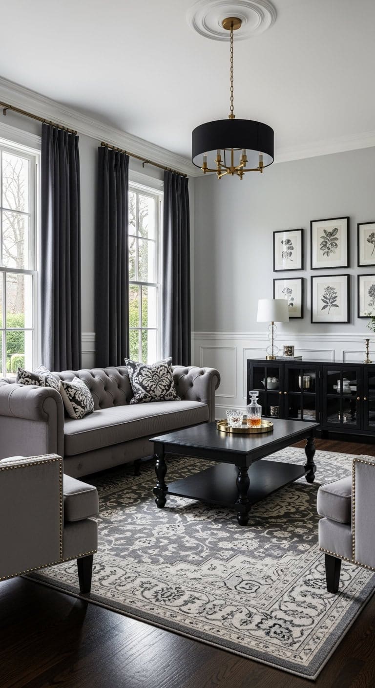 grey velvet white wainscoting black framed botanical gallery