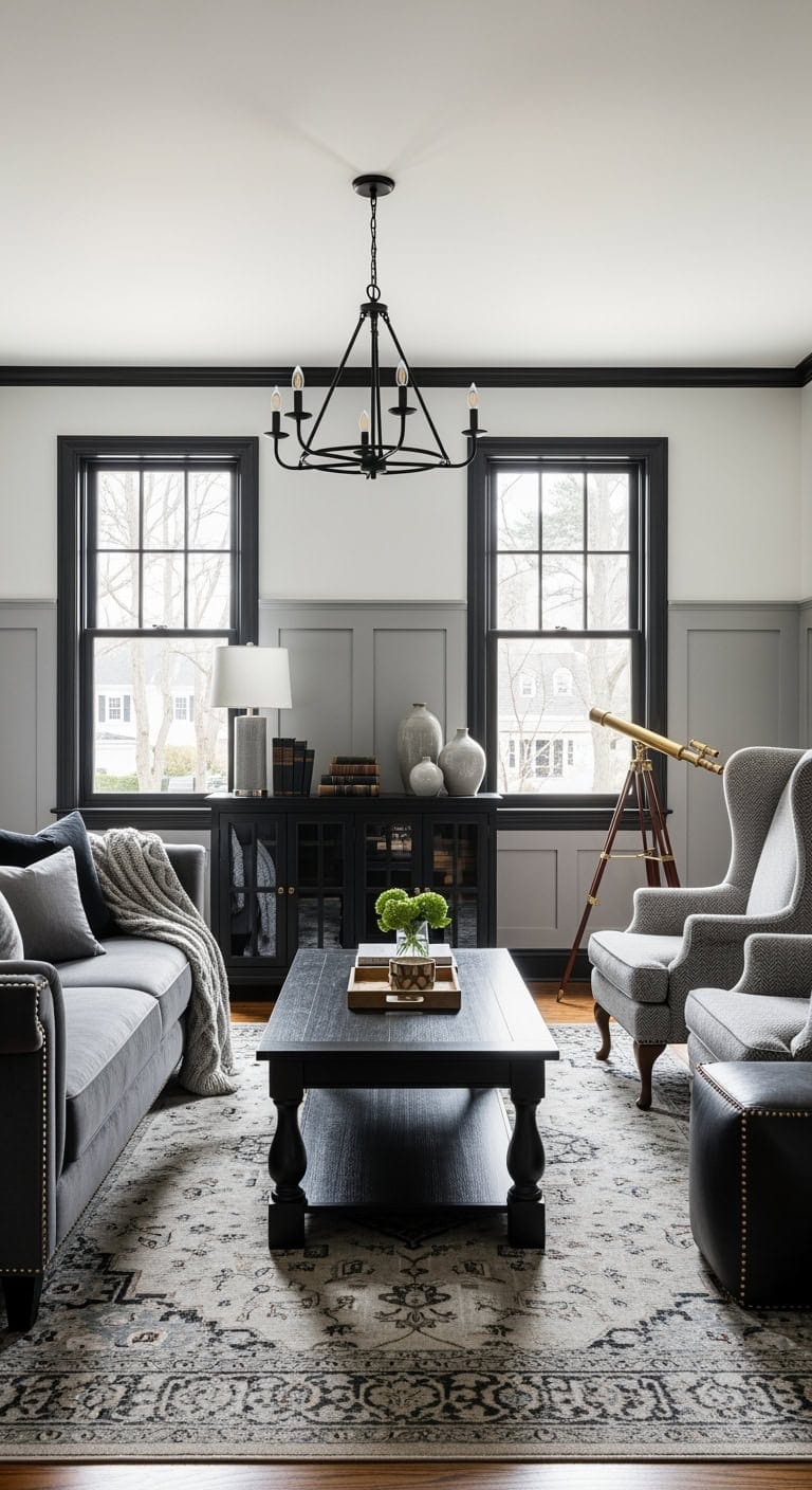 grey wainscoting with black rails