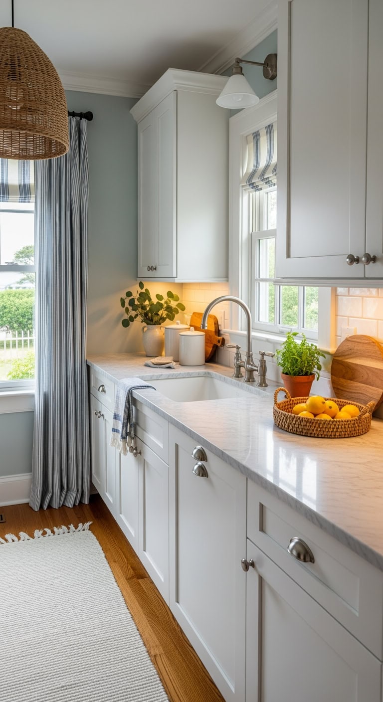 hamptons inspired marble coastal kitchen