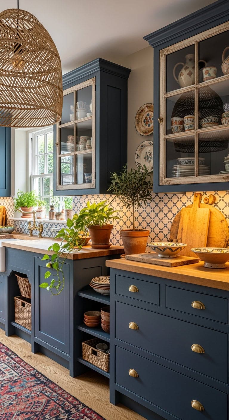 handcrafted ceramics in vintage hutches