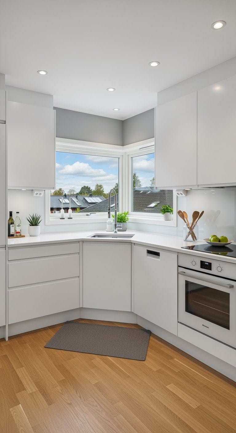 handleless minimalist corner kitchen