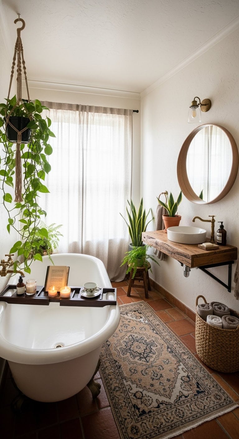 handwoven boho bathroom warmth