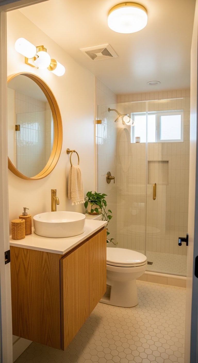 honey toned scandinavian powder room