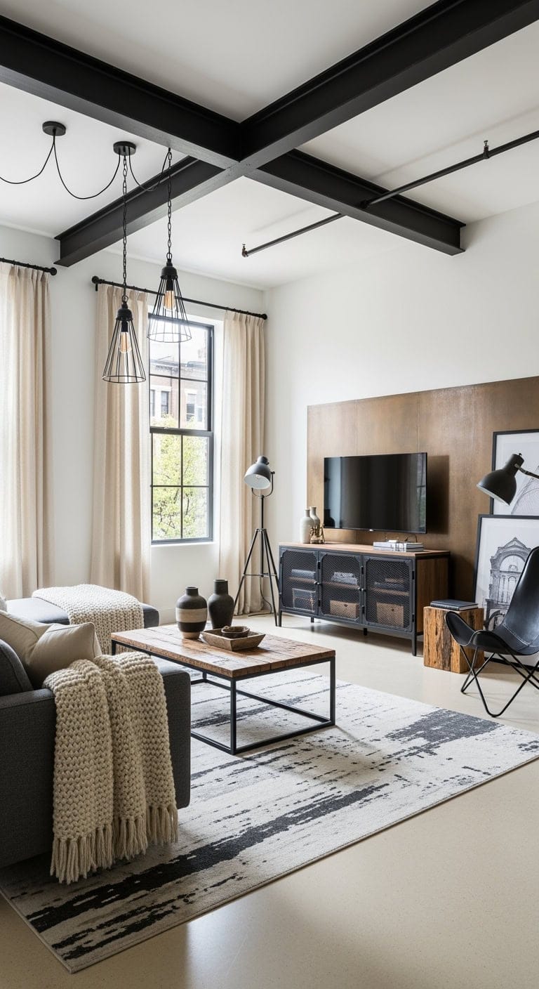industrial black beams cream floors
