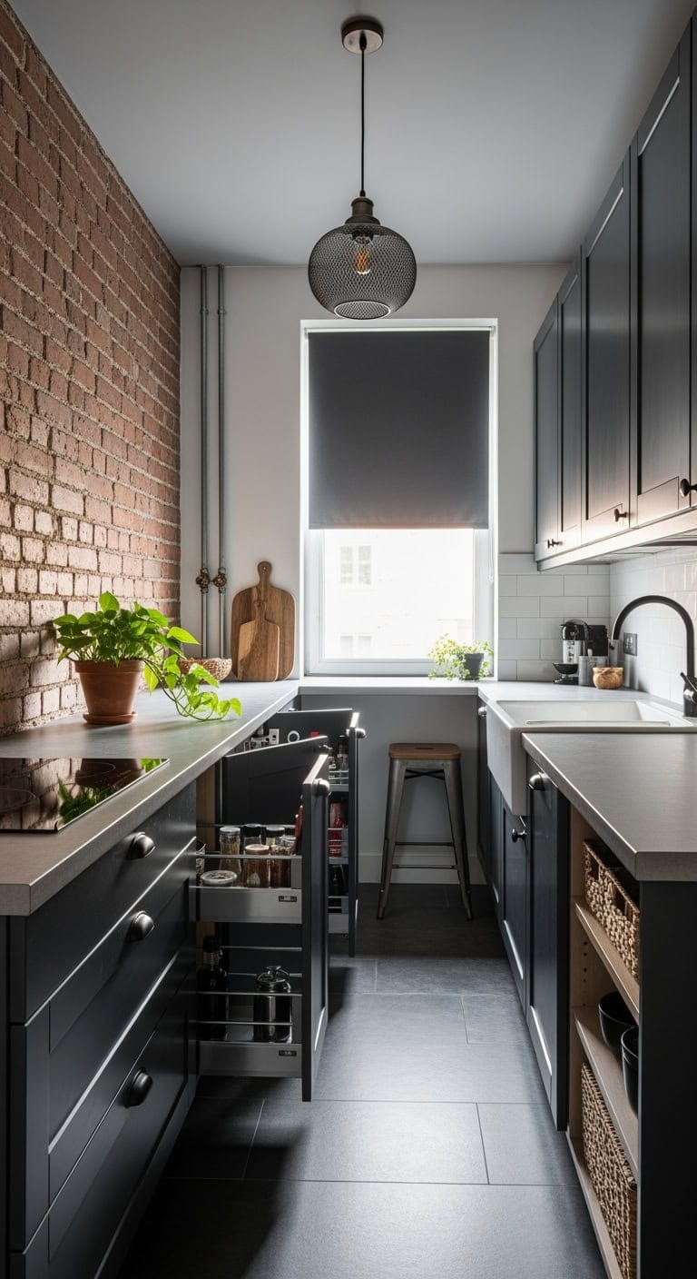 industrial inspired compact kitchen storage