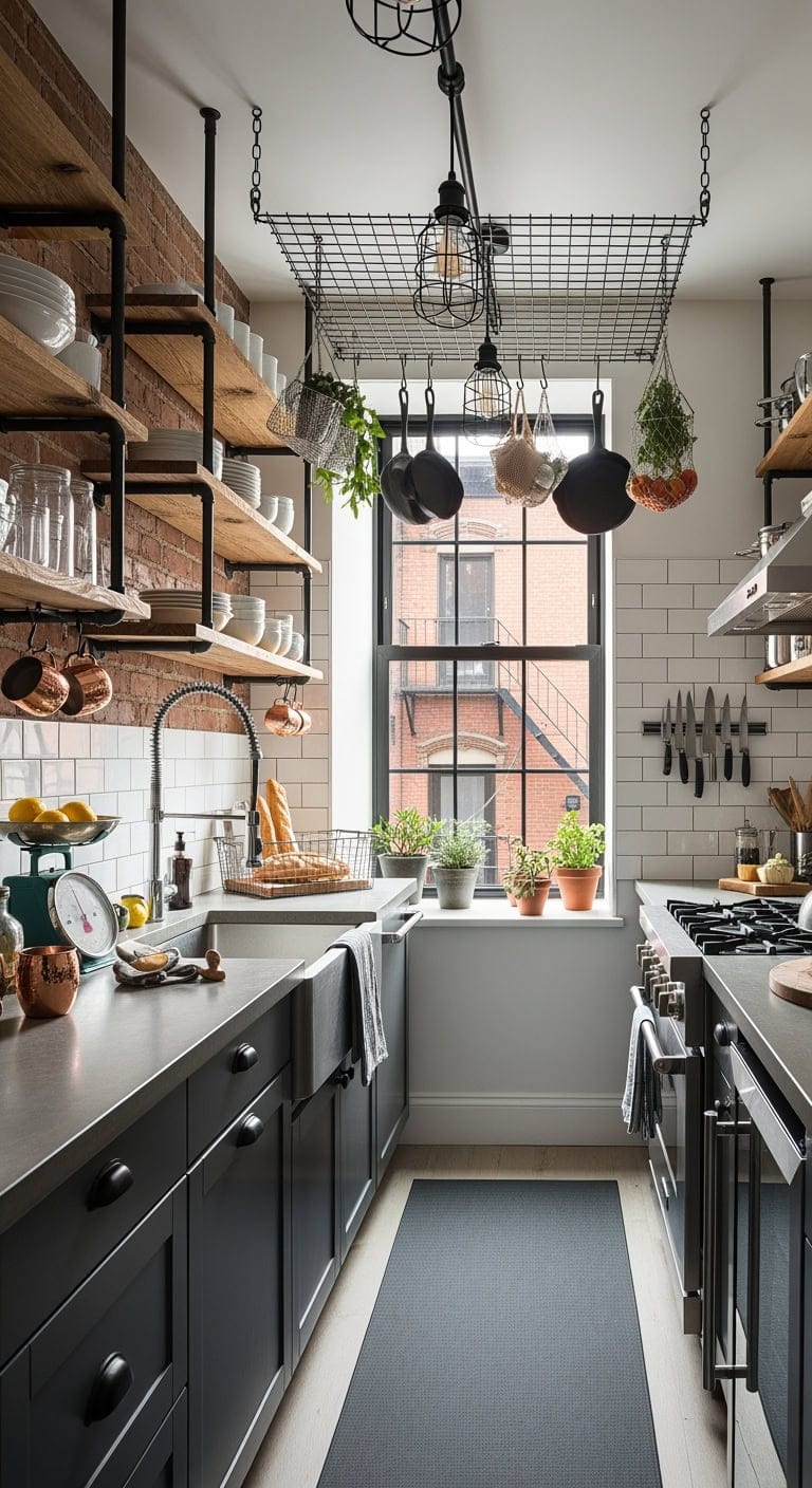 industrial loft inspired narrow kitchen