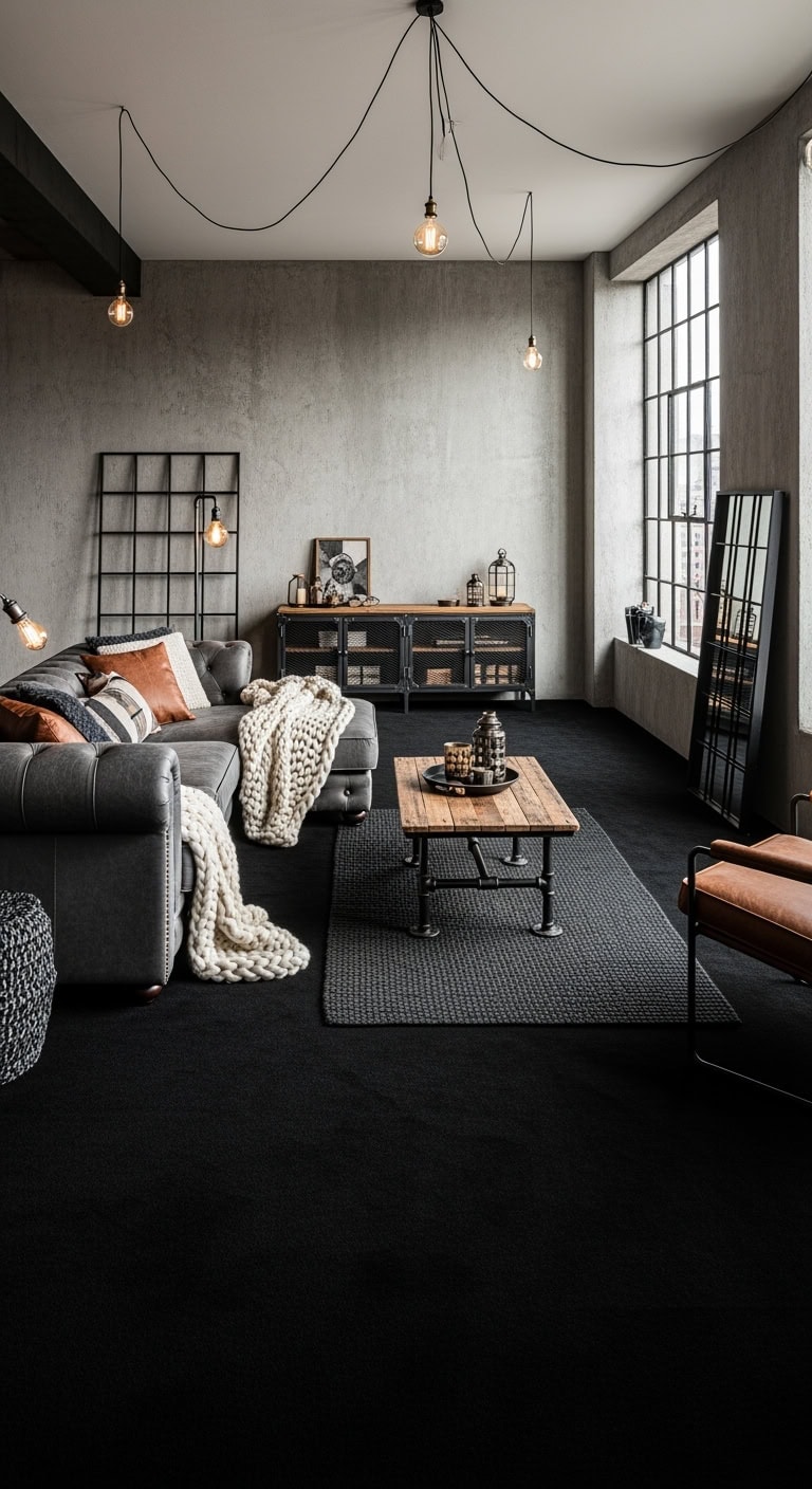 industrial loft with black carpets