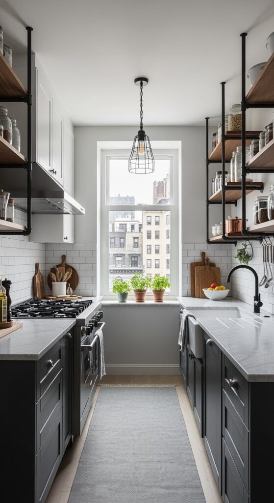 23 Small Narrow Kitchen That Blends Function With Elegance - Exposed Pipe Shelving For Kitchen