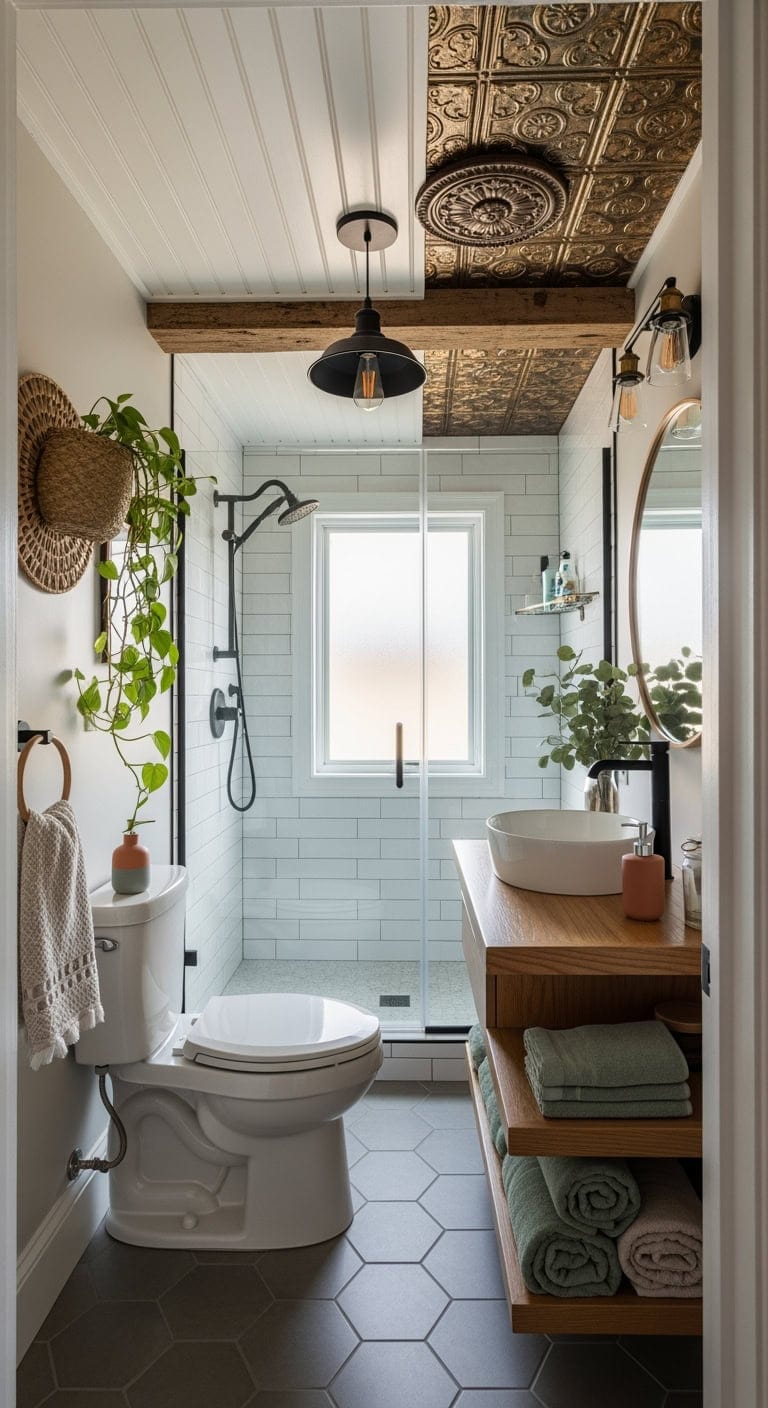 layered eclectic bathroom ceiling