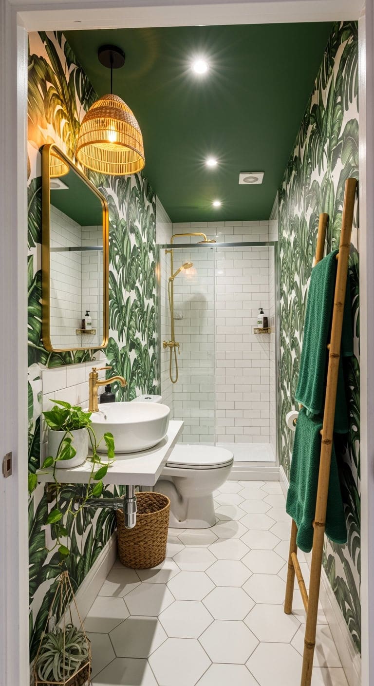 leafy resort style narrow bathroom